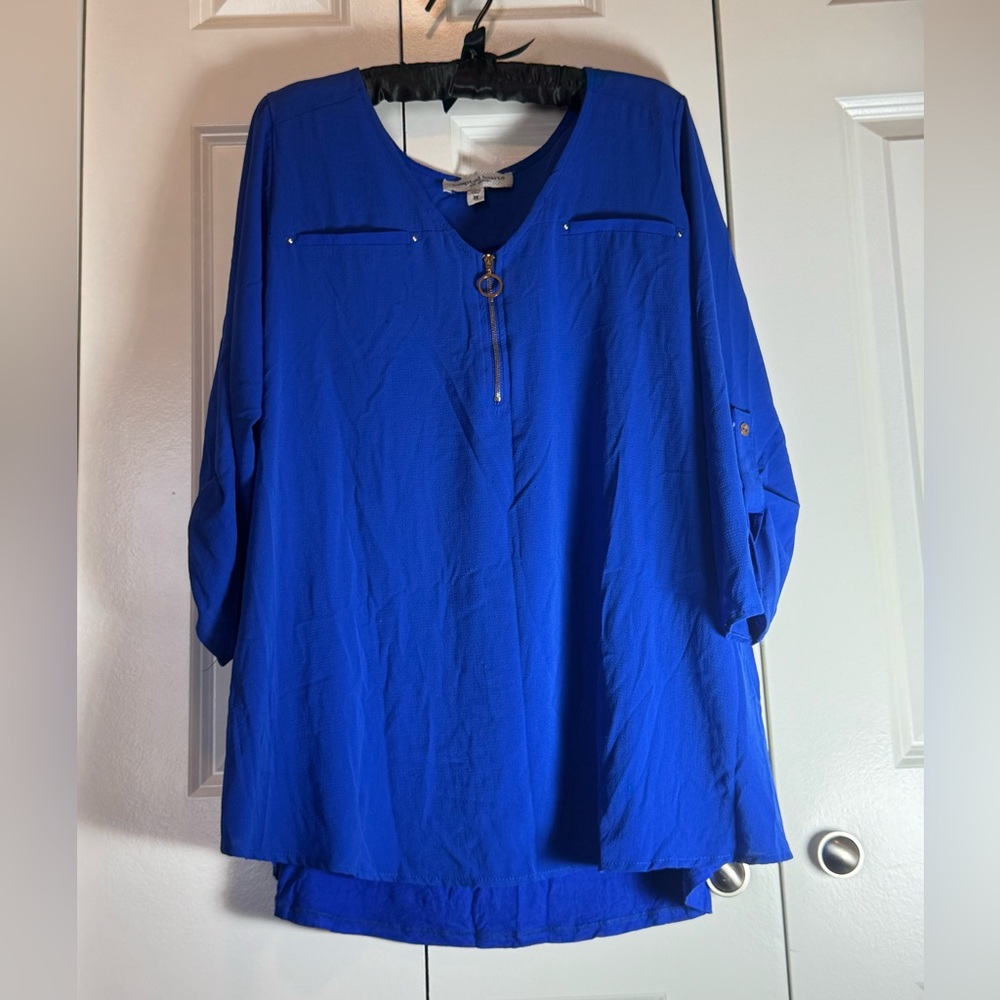 Blue Zip Neck Blouse XL Long Sleeve Casual Work Office Top